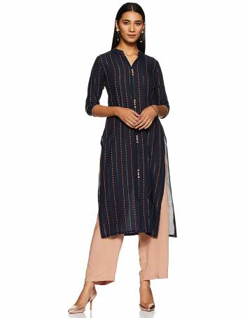 For Your Casual Wear, Grab This Readymade Straight Kurti In Navy Blue Color Fabricated On Cotton Beautified With Lining Prints. 