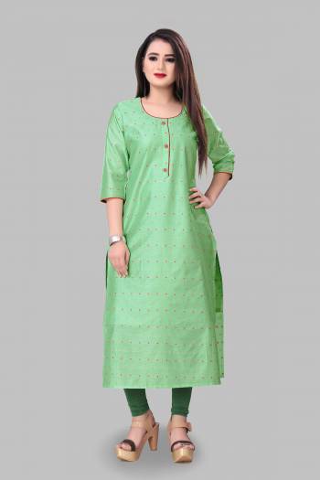 Grab This Simple And Elegant Looking Readymade Straight Kurti In Light Green Color Fabricated On Cotton Silk. This Pretty Kurti Is Beautified With Foil Print. You Can Pair This Up With Same Or Contrasting Colored Bottom. 