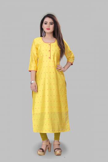 Add This Pretty Readymade Kurti To Your Wardrobe In Yellow Color Fabricated On Cotton Silk. This Straight Kurti Is Light In Weight And Available In All Regular Sizes. 