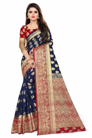 For A Proper Traditional Look, Grab This Heavy Weaved Silk Based Designer Saree In Navy Blue Color Paired with Red Colored blouse. This Saree and Blouse Are Fabricated On Art Silk Which Gives A Rich Look To Your Personality. 