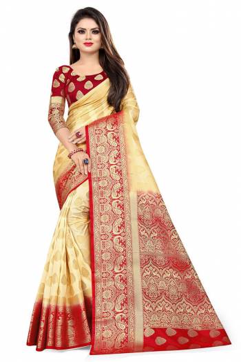 For A Proper Traditional Look, Grab This Heavy Weaved Silk Based Designer Saree In Cream Color Paired with Red Colored blouse. This Saree and Blouse Are Fabricated On Art Silk Which Gives A Rich Look To Your Personality. 