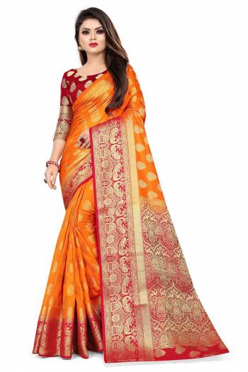 For A Proper Traditional Look, Grab This Heavy Weaved Silk Based Designer Saree In Orange Color Paired with Red Colored blouse. This Saree and Blouse Are Fabricated On Art Silk Which Gives A Rich Look To Your Personality. 