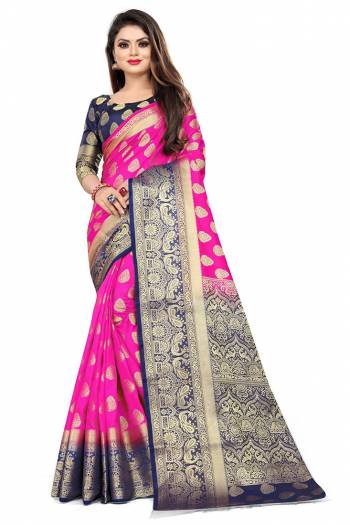 For A Proper Traditional Look, Grab This Heavy Weaved Silk Based Designer Saree In Rani Pink Color Paired with Navy Blue Colored blouse. This Saree and Blouse Are Fabricated On Art Silk Which Gives A Rich Look To Your Personality. 