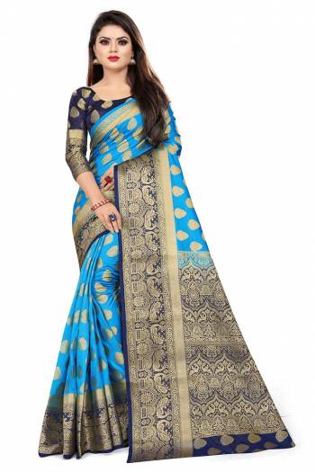 For A Proper Traditional Look, Grab This Heavy Weaved Silk Based Designer Saree In Blue Color Paired with Navy Blue Colored blouse. This Saree and Blouse Are Fabricated On Art Silk Which Gives A Rich Look To Your Personality. 