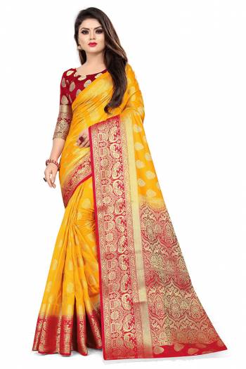 For A Proper Traditional Look, Grab This Heavy Weaved Silk Based Designer Saree In Musturd Yellow Color Paired with Red Colored blouse. This Saree and Blouse Are Fabricated On Art Silk Which Gives A Rich Look To Your Personality. 