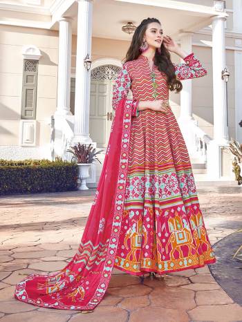 Look Pretty In This Lovely Readymade Designer Floor Length Suit In Dark Pink And Multi Color. Its Top Is Fabricated On Soft Silk Paired With Cotton Leggings And Soft Muslin Fabricated Dupatta. Buy This Pretty Suit Now.