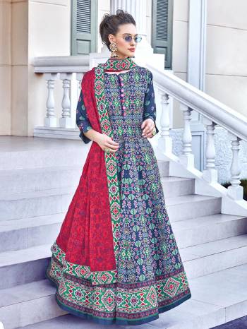 Look Pretty In This Lovely Readymade Designer Floor Length Suit In Blue and Dark Pink Color. Its Top Is Fabricated On Soft Silk Paired With Cotton Leggings And Soft Muslin Fabricated Dupatta. Buy This Pretty Suit Now.