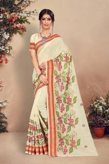 Simple And Elegant Looking Pretty Saree Is Here In Cream Color. This Saree And Blouse Are Fabricated On Cotton Beautified With Pretty Thread Work. Buy Now. 
