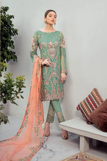 Look Pretty Wearing This Heavy Designer Straight Suit In Sea Green Color Paired With Light Orange Colored Dupatta. Its Embroidered Top And Dupatta Are Georgette Based Paired With Santoon Fabricated Bottom. Buy This Pakistani Suit Now.