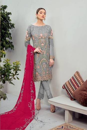 Look Pretty Wearing This Heavy Designer Straight Suit In Grey Color Paired With Dark Pink Colored Dupatta. Its Embroidered Top And Dupatta Are Georgette Based Paired With Santoon Fabricated Bottom. Buy This Pakistani Suit Now.