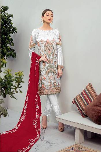 Look Pretty Wearing This Heavy Designer Straight Suit In Light Grey Color Paired With Red Colored Dupatta. Its Embroidered Top And Dupatta Are Georgette Based Paired With Santoon Fabricated Bottom. Buy This Pakistani Suit Now.