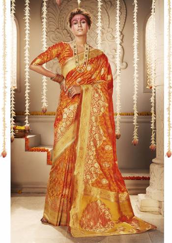 For A Proper Traditional Look, Grab This Designer Silk Based Heavy Weaved Saree In Orange Color. This Saree And Blouse Are Fabricated On Banarasi Art Silk Beautified With Heavy Weave. Buy Now.