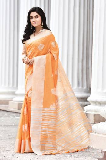 Simple And Elegant Looking Saree Is Here In Orange Color. This Saree and Blouse Are Fabricated On Linen Cotton Beautified With Weave. It Is Light In Weight and Easy To Carry All Day Long. 