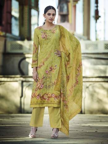 Look Pretty Wearing This Designer Straight Suit In Pear Green Color. Its Pretty Top And Dupatta Are Fabricated On Cotton Beautified With Digital Print And Thread Work Paired With Plain Combric cotton Fabricated Bottom. 