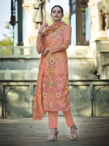 Add This Beautiful Digital Printed Designer Straight Suit In Peach Color To Your Wardrobe. This Pretty Suit Is cotton Based Beautified With Digital Print And Thread Work. Buy Now.