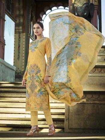 Look Pretty Wearing This Designer Straight Suit In Yellow Color. Its Pretty Top And Dupatta Are Fabricated On Cotton Beautified With Digital Print And Thread Work Paired With Plain Combric cotton Fabricated Bottom. 