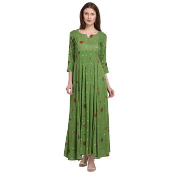 For Your Semi-Casuals, Grab This Designer Readymade Long Kurti In Green Color Fabricated On Rayon. It Is Beautified With Foil Prints And You Can Pair This Up With Some Accessories For A Festive Look. Buy Now.