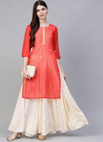 Grab This Readymade Long Kurti In Cream And Red Color Fabricated On Crepe Beautified With Foil Prints. It Is Light In Weight And Easy To Carry All Day Long. 