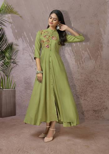 Celebrate This Festive Season With Beauty And Comfort Wearing This Readymade Long Kurti In Light Green Color Fabricated Rayon. This Pretty Kurti Is Beautified With Multi Colored Thread Work Giving An Attractive Look. Also It Is Available In All Regular Sizes. 