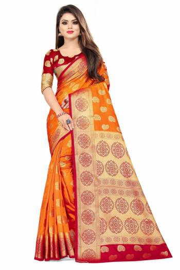 For A Proper Traditional Look, Grab This Heavy Weaved Silk Based Designer Saree In Orange Color Paired with Red Colored blouse. This Saree and Blouse Are Fabricated On Art Silk Which Gives A Rich Look To Your Personality. 