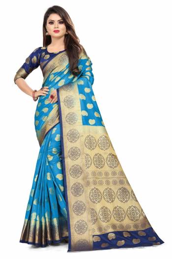 For A Proper Traditional Look, Grab This Heavy Weaved Silk Based Designer Saree In Blue Color Paired with Navy Blue Colored blouse. This Saree and Blouse Are Fabricated On Art Silk Which Gives A Rich Look To Your Personality. 