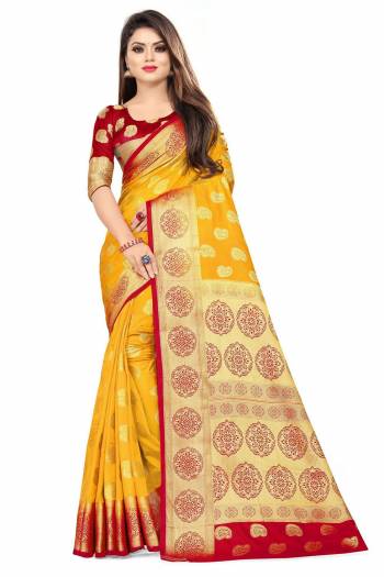 For A Proper Traditional Look, Grab This Heavy Weaved Silk Based Designer Saree In Musturd Yellow Color Paired with Red Colored blouse. This Saree and Blouse Are Fabricated On Art Silk Which Gives A Rich Look To Your Personality. 