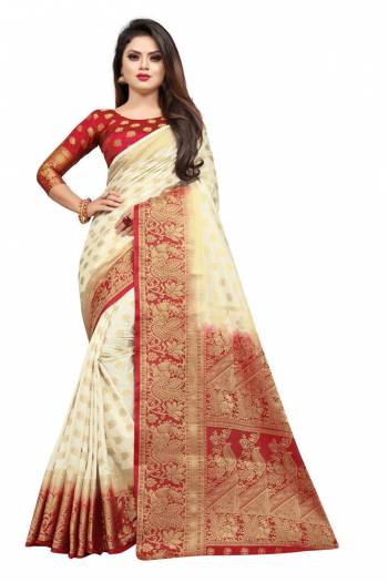 For A Proper Traditional Look, Grab This Heavy Weaved Silk Based Designer Saree In Cream Color Paired with Red Colored blouse. This Saree and Blouse Are Fabricated On Art Silk Which Gives A Rich Look To Your Personality. 