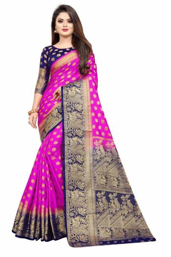 For A Proper Traditional Look, Grab This Heavy Weaved Silk Based Designer Saree In Rani Pink Color Paired with Navy Blue Colored blouse. This Saree and Blouse Are Fabricated On Art Silk Which Gives A Rich Look To Your Personality. 