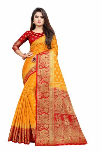 For A Proper Traditional Look, Grab This Heavy Weaved Silk Based Designer Saree In Musturd Yellow Color Paired with Red Colored blouse. This Saree and Blouse Are Fabricated On Art Silk Which Gives A Rich Look To Your Personality. 