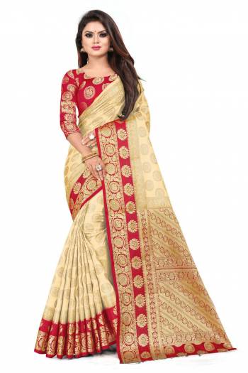 For A Proper Traditional Look, Grab This Heavy Weaved Silk Based Designer Saree In Cream Color Paired with Red Colored blouse. This Saree and Blouse Are Fabricated On Art Silk Which Gives A Rich Look To Your Personality. 