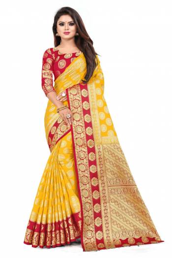 For A Proper Traditional Look, Grab This Heavy Weaved Silk Based Designer Saree In Musturd Yellow Color Paired with Red Colored blouse. This Saree and Blouse Are Fabricated On Art Silk Which Gives A Rich Look To Your Personality. 