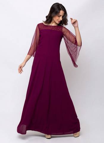 Here Is A Pretty Readymade Gown In Wine Color Fabricated On Georgette. This Gown Is Light In Weight And Suitable For Party Wear Or Wedding Function. 